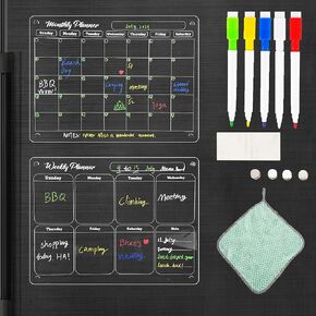 Acrylic Calendar for Fridge, 2-Pack 12"x16" Monthly and Weekly Clear Refrigerator Calendar with 5 Vibrant Markers, Cleaning Cloth, Magnet Protection Stickers, and N52 Magnet Screw Kit