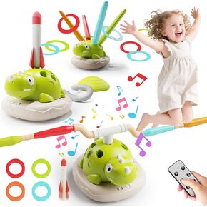 BOLZRA 3 in 1 Dinosaur Rocket Launcher for Kids, Ring Toss Game and Musical Jump, Remote Control Indoor Outdoor Toys for Kids Ages 4-8, Birthday Gifts for Girls and Boys