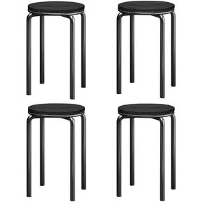 Stacking Stools Set of 4, 18" H Backless Round Wooden Top Portable Stackable Stools with Metal Frame (Brown)