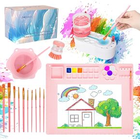 Painting Station, Silicone Painting Mat 20"X16" and Paint Brush Cleaner (Pre-Assembled), 10 Paint Brushes and Foldable Silicone Paint Brush Cleaner Bowl, for Artist Kids Adults Birthday Gifts (Pink)