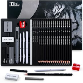 33 Piece Sketching Pencil Set - 5H to 14B Pencils, Charcoal Pencils, Charcoal Sticks,Graphite Sticks,Painting tools – drawing pencil set for Beginners, Artists, Students, Kids