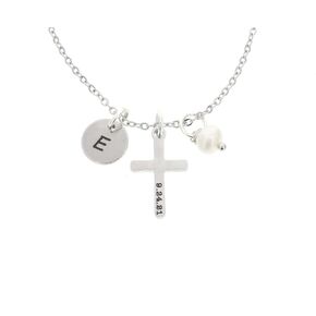 Cross Necklace with Baptism Date Custom Initial - DGR - Baptized Gift - Christening Confirmation - Laser Engraved 10mm Silver Disc -Choose Crystal Color