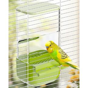 BNOSDM Automatic Bird Feeder No Mess Bird Cage Feeders Parrot Cage Accessories Transparent Seed Food Container with Perch for Finches, Parakeets, Budgies, Lovebirds, Cockatoos, Canaries (Green)