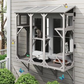 Cat Catio, Expandable Window Box Enclosure for Multiple Indoor Cats, Comfortable Wooden Small Pet Perch House, All-Weather Use, Keep Bugs Insects Out, with 4 Platforms and 3 Doors