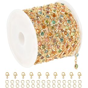 YOUBEIYEE 3 Meters Colorful Rhinestone Jewelry Chain Gold Plated Brass Chain for Jewelry Making Mixed Color Glass Bead Flower Craft Chain Roll