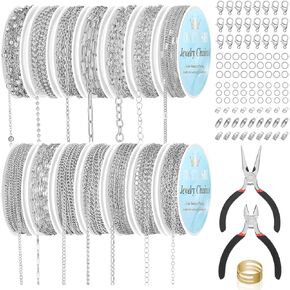 Tinctish 14 Roll Silver Jewelry Making Kit - سلاسل قلادة 102 قدم (النحاس والفولاذ المقاوم للصدأ) مع 2 زلايا مجوهر