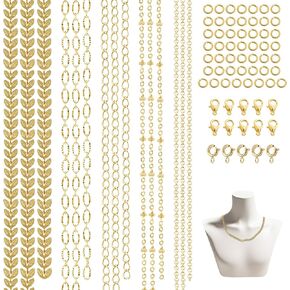 5 Styles 14k Gold Plated Necklace Chains, VEINARDYL 16.4ft Gold Necklace Chain for DIY Jewelry Making, Gold Plated Bracelet Chain Bulk with Lobster Clasps and Jump Rings Connectors