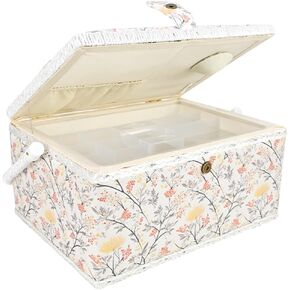 Comfecto Vintage Black Print Wooden Sewing Basket Organizer, Empty Sewing Box with Removable Tray Built-In Pin Cushion, Sewing Box for Sewing Supplies for Beginners Experts
