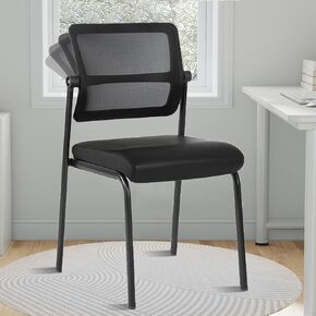 CLATINA Waiting Room Chair with Wheels Adjustable Mesh Backrest Stacking Armless Office Chair, Ergonomic Lumbar Support and Thickened Leather Seats Cushion for Home Conference Lobby Side School Black