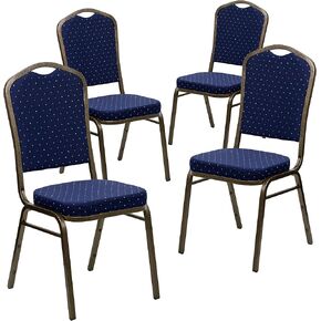 4 Pack Crown Back Banquet Stack Chair in Navy Blue Dot Fabric-Gold Vein Frame