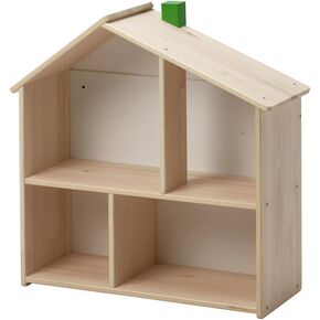 Wooden Dollhouse Wall Shelf, Natural Pine, 4 Storage Compartments, Kids Room Organizer & Decor