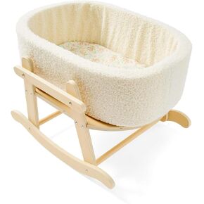 Wooden Baby Doll Crib, Baby Doll Bed Toys for Cat Dog, Wooden Boucle Bassinet for Dolls Up to 16 Inch, Doll Accessories with Mattress and Bassinet, Gift for Boys & Girls
