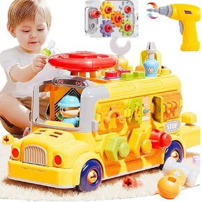 School Bus Toys, Take Apart Toy with Electric Drill，Boy's Disassembled car, Stem, Early Childhood Sensory Education Learning Suitable for 3, 4, 5, 6, 7 Years Old boy Gifts