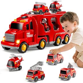 Fire Truck Toys for Toddler 1-3 3-5, 5-in-1 Fire Car Carrier Vehicle Set for Girls 1 2 3 4 5 6 Years Old, Transport Car with Light Sound, Birthdays Gifts for Kids Girls Aged 3-9
