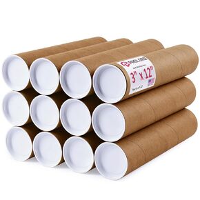 3" x 12" Reinforced Kraft Paper Mailing Tubes, Pack of 12 Tubes with 2 Caps Each – USPS Approved Poster Tube – Made in USA Cardboard Tube for Shipping and Storing Posters, Prints, Artwork, Documents
