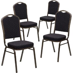 EMMA + OLIVER 4 Pack Crown Back Stack Banquet Chair in Black Pattern Fabric - Silver Vein Frame