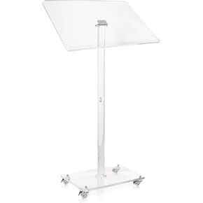 Podium Stand, Portable Clear Acrylic Podium Stand, Modern Lecterns & Podiums with 4 Lockable Wheels, for Weddings, Classroom, Concert, Church, Speech, 21.7" L x 15.7" W x 43.3" H
