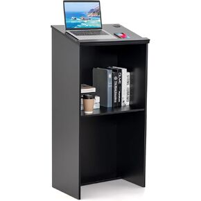 Tangkula Floor Standing Podium, Wooden Speaking Lectern with Adjustable Shelf, Large Storage Area and Pen/Pencil Tray, Ideal for Conference, Auditorium, Classroom (Black)