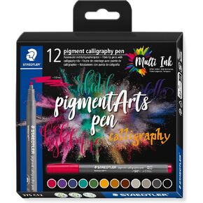 STAEDTLER 375 C12 Calligraphy Fibre Tip Pigment Arts 2.00 mm Calligraphy Tip Pigmented Premium Drawing Ink Waterproof 12 Hand Lettering Felt Pens in Assorted Colours in Cardboard Case
