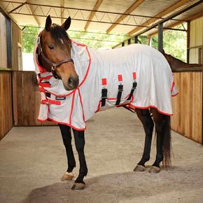 Jeffers Equine Solaris Fly Sheet with Detachable Neck Cover, 75" – Lightweight Breathable Mesh Horse Sheet, Durable Outdoor & Indoor Protection, Secure Fit with Belly & Leg Straps, Grey & Red