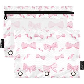 Binder Pouches,Pink Bows Ribbons Pencil Pouch for 3 Ring Binder 2 Pack Clear Pencil Bag with Zipper for Office School Supplies