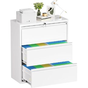 Crownland Lateral File Cabinet with Lock, 28" W Metal Office File Cabinets with 3 Drawers for Home Office, Lockable File Cabinet for Legal/Letter/A4/F4 Size(White)