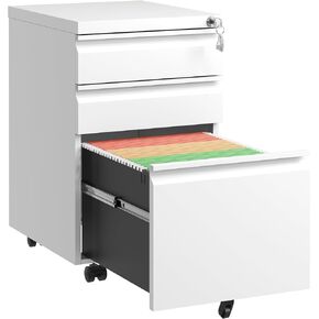 File Cabinet with Lock,Filing Cabinet 3 Drawer,Fully Assembled Under Office Desk,Lateral Locking File Cabinet with Wheels,Commercial Vertical Cabinet,White