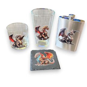 Steampunk Dragon Set - 8oz Flask, 16oz Beer glass, Slate Coaster, Rocks Glass (Green and Blue Dragons)