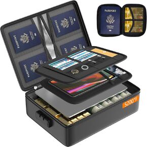 Grothery 5200°F Fireproof Document Box with Lock Fireproof & Waterproof File Organizer Box 8 Layer Heat Insulated Aluminum Foil Important Document Organizer Fire Proof Passport Travel Doc Holder Black