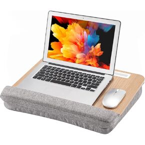 BUYIFY Lap Desk for Laptop with Cushion, 15.6 in Laptop Stand for Couch, Light Yellow Woodgrain Lap Desk with Phone Holder and Pad Holder, for Home, Office, Classroom