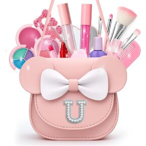Non Toxic Makeup for Little Girls,Safe Washable Kids Real Makeup Sets for Girls 5-8 with Initial A Bag,Play Make Up Kit for Girl Age 3-5 Easter Baskets Christmas Birthday Gift Ideas