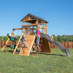 Backyard Discovery Endeavor All Cedar Wood Swing Set Playset for Backyard with Large Clubhouse Wave Slide Rope Ladder Rock Climbing Wall Wave Slide 2 Belt Swings and 1 Web Swing Gift for Ages 3-10