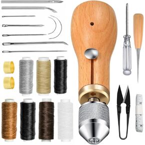 23PCS Sewing Awl Kit, Portable Leather Sewing Awl Thread Kit Leather Stitching Repair Stitch Tool Handheld Sewing Repair with Straight Bent Needles Screwdriver Rolls Waxed Threads for DIY Craft
