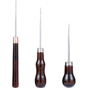 Bewudy 3 Pack Scratch Awl Tool Set with Wooden Handle Gourd Shape Pin Punching for Leather Punch Hole Craft Repair Shoes Sewing Crochet DIY Handmade Stitch