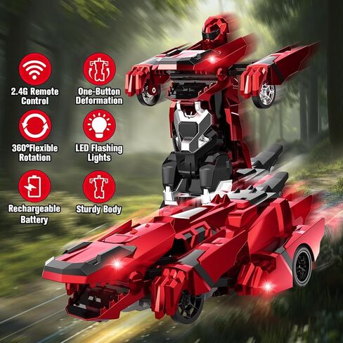 Dinosaur Transform Rc Cars, 2.4Ghz Remote Control Car Transforming Robot with Flashing Light, 360° Rotation One Button Deformation Car Toy Gifts for Boys Age 4-7 8-12 in Saudi Arabia
