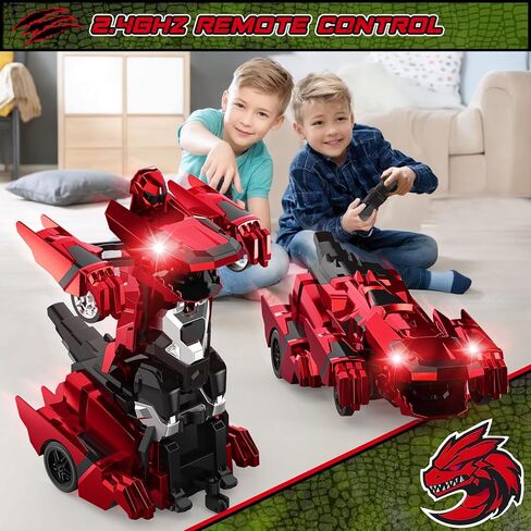 Dinosaur Transform Rc Cars, 2.4Ghz Remote Control Car Transforming Robot with Flashing Light, 360° Rotation One Button Deformation Car Toy Gifts for Boys Age 4-7 8-12 in Saudi Arabia