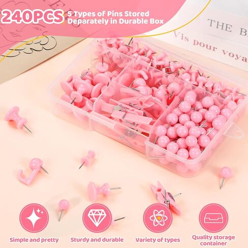 240pcs thumb thumb pink ، 5 دبابيس دفع لطيف ، دبابيس دفع زخرفية لألواح النشرات ، لوحة الفلين ، لوازم المكاتب الوردية ، ديكور المكتب in Kuwait