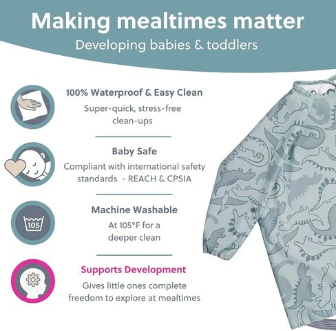 BIBaDO Long Sleeve Coverall Bib – Babies & Toddlers 6-36. Mess Proof Baby Feeding Bib Attaches To Highchairs, Pushchairs, Tables. 100% Waterproof, Machine Washable in Saudi Arabia