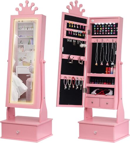 Kids Jewelry Armoire, Child Jewelry Cabinet with Led Light, Freestanding Jewelry Organizer with Full-Length Mirror, 3 Storage Drawers, Kids Vanity Dress Up Mirror Jewelry Cabinet for Girls in Saudi Arabia
