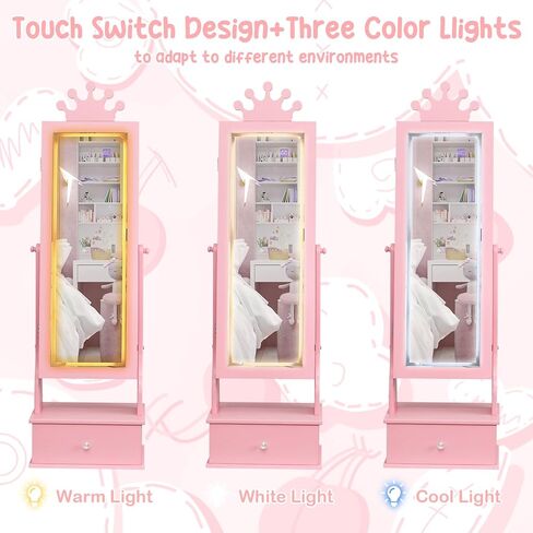 Kids Jewelry Armoire, Child Jewelry Cabinet with Led Light, Freestanding Jewelry Organizer with Full-Length Mirror, 3 Storage Drawers, Kids Vanity Dress Up Mirror Jewelry Cabinet for Girls in Saudi Arabia