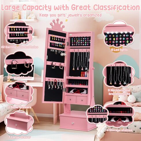 Kids Jewelry Armoire, Child Jewelry Cabinet with Led Light, Freestanding Jewelry Organizer with Full-Length Mirror, 3 Storage Drawers, Kids Vanity Dress Up Mirror Jewelry Cabinet for Girls in Saudi Arabia