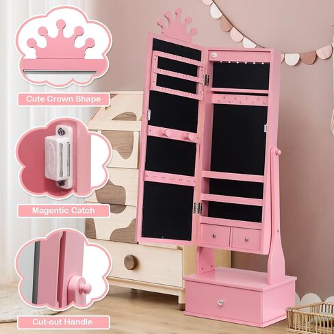 Kids Jewelry Armoire, Child Jewelry Cabinet with Led Light, Freestanding Jewelry Organizer with Full-Length Mirror, 3 Storage Drawers, Kids Vanity Dress Up Mirror Jewelry Cabinet for Girls in Saudi Arabia