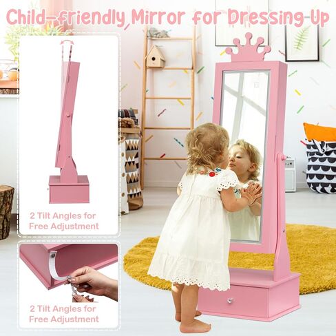 Kids Jewelry Armoire, Child Jewelry Cabinet with Led Light, Freestanding Jewelry Organizer with Full-Length Mirror, 3 Storage Drawers, Kids Vanity Dress Up Mirror Jewelry Cabinet for Girls in Saudi Arabia