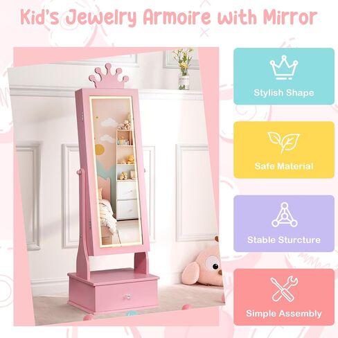 Kids Jewelry Armoire, Child Jewelry Cabinet with Led Light, Freestanding Jewelry Organizer with Full-Length Mirror, 3 Storage Drawers, Kids Vanity Dress Up Mirror Jewelry Cabinet for Girls in Saudi Arabia