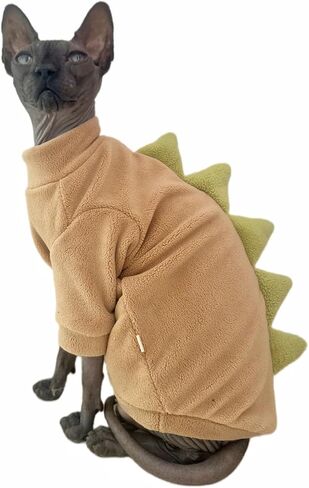 Dinosaur Sphynx Cat Clothes, Soft Polar Fleece Sweater for Cat, Elastic Pet Clothes Thick Winter Warm Outfit for Hairless Cat, Devon, Cornish, Small Dogs Apparel with Sleeves (Green, Large) in Kuwait