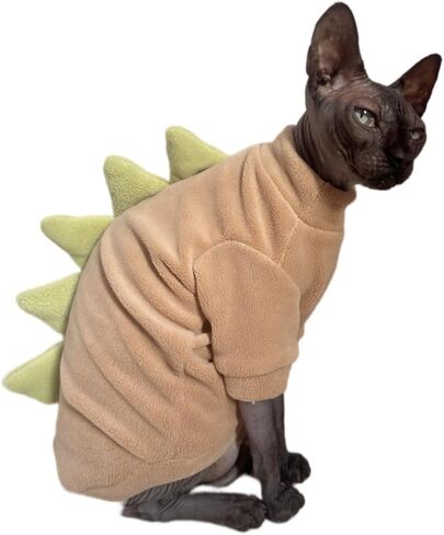 Dinosaur Sphynx Cat Clothes, Soft Polar Fleece Sweater for Cat, Elastic Pet Clothes Thick Winter Warm Outfit for Hairless Cat, Devon, Cornish, Small Dogs Apparel with Sleeves (Green, Large) in Kuwait