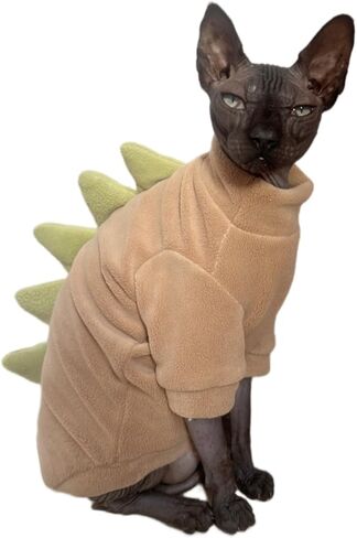 Dinosaur Sphynx Cat Clothes, Soft Polar Fleece Sweater for Cat, Elastic Pet Clothes Thick Winter Warm Outfit for Hairless Cat, Devon, Cornish, Small Dogs Apparel with Sleeves (Green, Large) in Kuwait