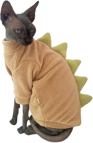 Dinosaur Sphynx Cat Clothes, Soft Polar Fleece Sweater for Cat, Elastic Pet Clothes Thick Winter Warm Outfit for Hairless Cat, Devon, Cornish, Small Dogs Apparel with Sleeves (Green, Large) in Kuwait