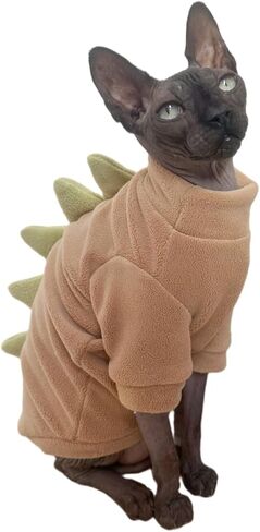 Dinosaur Sphynx Cat Clothes, Soft Polar Fleece Sweater for Cat, Elastic Pet Clothes Thick Winter Warm Outfit for Hairless Cat, Devon, Cornish, Small Dogs Apparel with Sleeves (Green, Large) in Kuwait