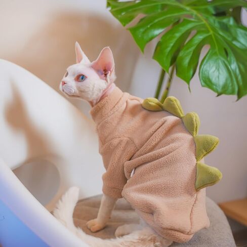 Dinosaur Sphynx Cat Clothes, Soft Polar Fleece Sweater for Cat, Elastic Pet Clothes Thick Winter Warm Outfit for Hairless Cat, Devon, Cornish, Small Dogs Apparel with Sleeves (Green, Large) in Kuwait